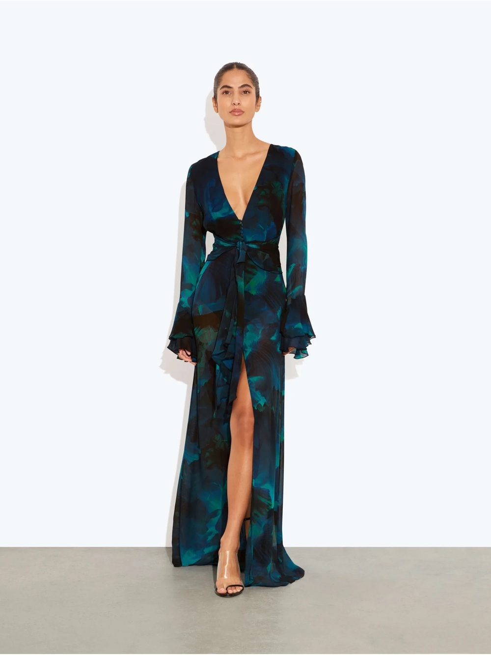 Rat & Boa Fiorella Dress Teal and Black Floral Wrap Maxi Dress with Front Slit